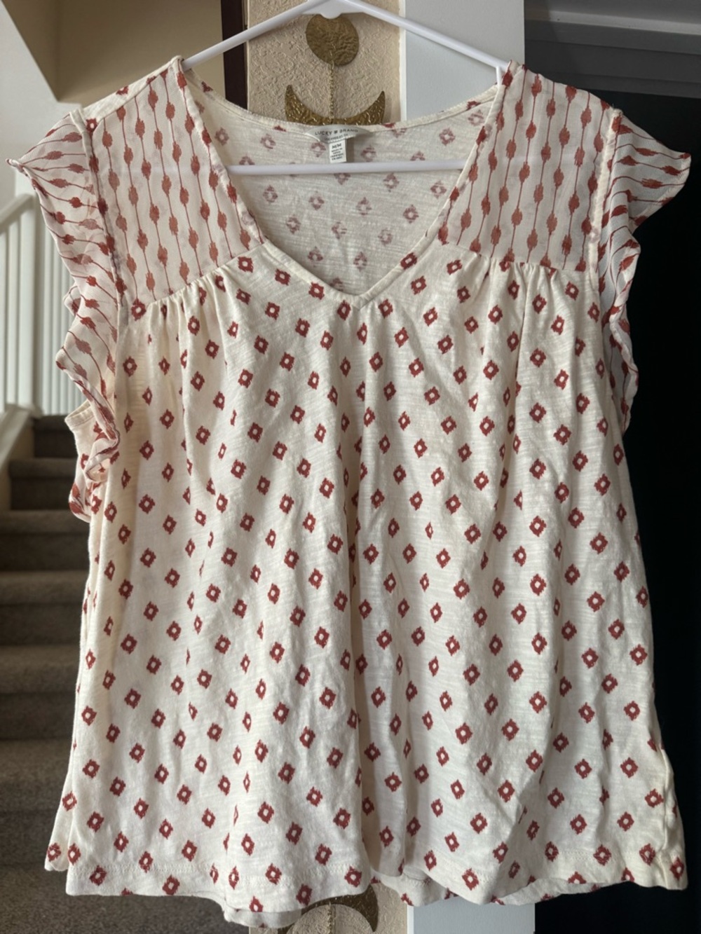 Women’s Boho Cream & Rust Patterned V-Neck Flutter Sleeve Top